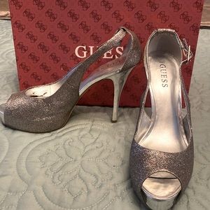 Sexy Guess Hondo3 Platform Stilettos Silver Glitter Dress Shoes 8m.